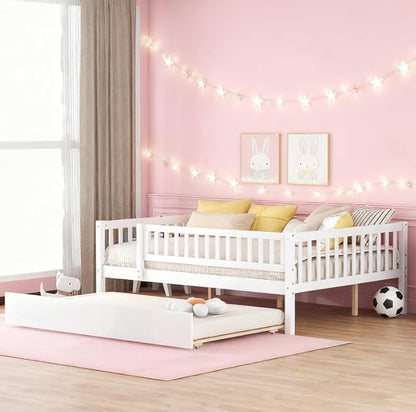 Bellemave Full Size Bed Frames with Rails for Kids, Full daybed Frame with Trundle for Boys/Girls/Adults， White