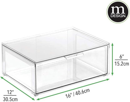 mDesign Plastic Stackable Closet Storage Organizer Bin Containers with Front Pull Drawer for Cabinet, Desk, Shelf, Cupboard, or Dresser Organization - Lumiere Collection - Clear