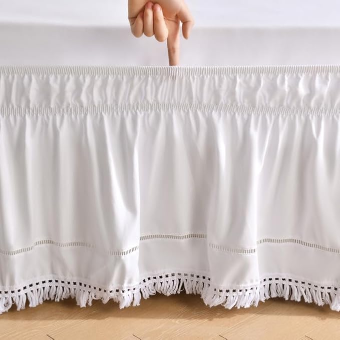 MIYE Wrap Around Ruffled Lace Bed Skirt, Elastic Dust Ruffle with Adjustable Belts, Easy to Put On, Bed Frame Cover, Machine Washable (Tassel Ruffle/White, King/Queen-18 Drop)