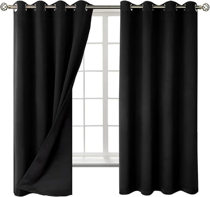 BGment Thermal Insulated 100% Blackout Curtains for Bedroom with Black Liner, Double Layer Full Room Darkening Noise Reducing Grommet Curtain (52 x 63 Inch, Black, 2 Panels)