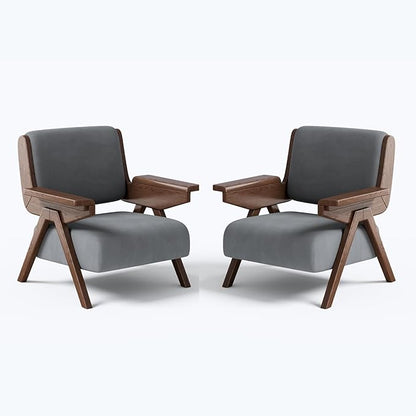 Mid Century Modern Accent Chair, Fabric Upholstered Lounge Arm Chair with Solid Wood Frame for Living Room, Bedroom, Office, Reading Corner (Gray, Set of 2)