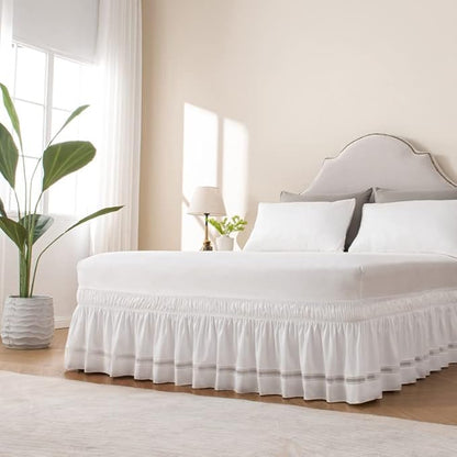MIYE Wrap Around Ruffled Lace Bed Skirt, Elastic Dust Ruffle with Adjustable Belts, Easy to Put On, Bed Frame Cover, Machine Washable (Ruffled Lace/White, King/Queen-22 Drop)