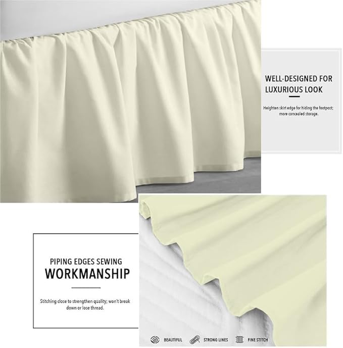 Rajlinen Ruffled Bed Skirt King, 21 Inch Drop Dust Ruffle with Split Corners, 100% Microfiber Bedskirt with Platform, Three-Sided Coverage Ruffled Gathering Design, Ivory