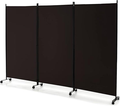 GOFLAME 3 Panel Folding Room Divider, 6FT Rolling Privacy Screen with Lockable Wheels, Portable Room Partition Screen, Freestanding Wall Divider and Separator for Home Office, Brown