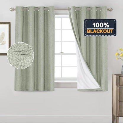 PrinceDeco Sage 100% Blackout Curtains 54" Long Blackout Curtains for Bedroom Linen Texture Solid Thermal Insulated with White Liner Luxury Decor for Nursery 52x54 Inch (2 Panels)