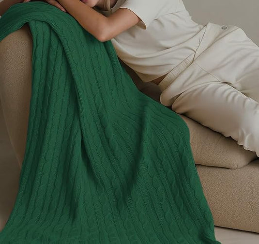 100% Cotton Cable-Knit Throw Blanket: 60" x 70", Ultra Soft, Breathable, All-Season Comfort & Versatility, Ideal for Couch, Bed, Travel and Gifting (Green)