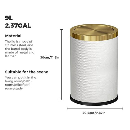 2.4 Gallon Bathroom Trash Can with Lid, Pu Leather Modern Garbage Can, Round Decorative Waste Basket, for Near Desk, Powder, Bedroom, Hotel, Office, Home (9L-Checked White)