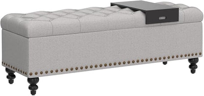 HUIMO 51-inch Storage Bench Ottoman with Removable Tray, Cotton Linen Blend Fabric, Button Tufted, Safety Hinge, 300lb Weight Capacity, Gray