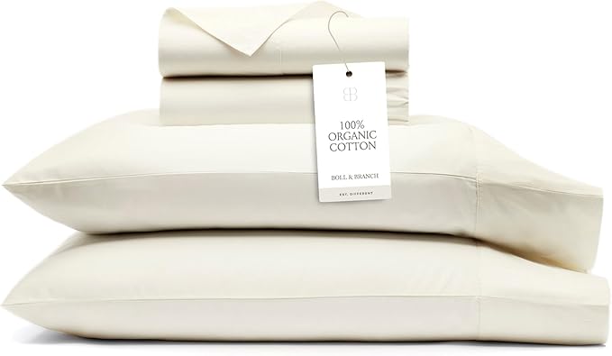 BOLL & BRANCH Signature Hemmed Sheet Set - Full, Cream - Luxury 100% Organic Cotton - Includes 1 Flat, 1 Fitted, 2 Pillowcases - Buttery Soft