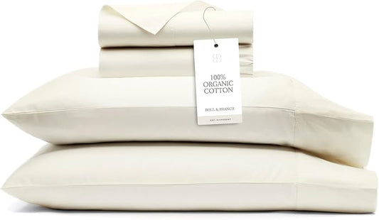 BOLL & BRANCH Signature Hemmed Sheet Set - Queen, Cream - Luxury 100% Organic Cotton - Includes 1 Flat, 1 Fitted, 2 Pillowcases - Buttery Soft