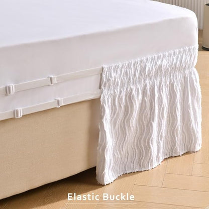MIYE Wavy Tufted Bed Skirt - Wrap Around Dust Ruffle with Elastic Belts - 15 Inch Drop Easy to Put On - Bedskirt Machine Washable ＆ Wrinkle Resistant(Wavy/White, King/Queen-15 Drop)