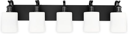 5 Light Bathroom Vanity Light, Morden Black Vanity Light Bathroom Lighting Fixtures Over Mirror Black Wall Sconces with Milky White Frosted Shade ZCVL01BKW-5