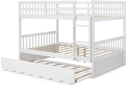 KOMFOTT Wood Full Over Full Bunk Bed with Trundle, Full Bed Frame with Ladder, Solid Wood Frame & Safety Guardrails, Space-Saving Bunk Bed for Teens & Adults, No Box Spring Needed