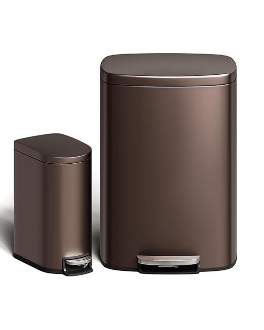 GarveeHome 13 Gal & 2.6 Gal Trash Can Combo Set, Kitchen Trash Can and Bathroom Trash Bin with Lid, Step-On Rustproof Garbage Bin with Inner Bucket, Brown