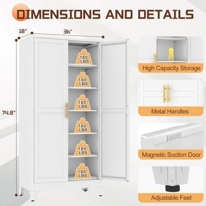 75" Metal Kitchen Pantry Cabinet,White Storage Cabinet with Doors and 5 Adjustable Shelves, Cabinet with 2 Metal Handles,Tall Cabinet for Livingroom,Pantry, Bathroom,Kitchen