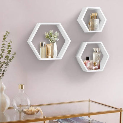 AHDECOR Hexagon Floating Shelves, Set of 3 White Hexagon Wall Shelves | Modern Honeycomb Floating Shelves for Living Room, Bedroom, Office | Hexagonal Wall Organizer Hanging Shelf
