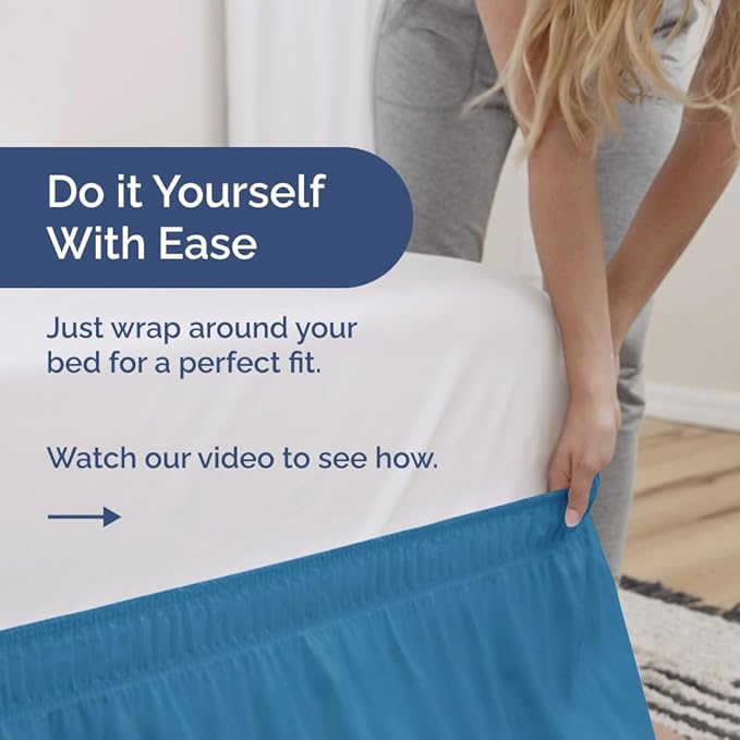 Wrap Around Dust Ruffle Bed Skirt - Denim Blue - Twin/Twin XL Size Beds with 15 Inch Drop - Elastic Strap- Adjustable Pleated Bedskirt with Brushed Fabric and Wrinkle Free - Women, Men, Kids & Teens