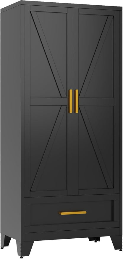 COFaR 71 Farmhouse Metal Wardrobe Closet with Hanging Rod, 2 Barn Doors, Adjustable Shelves, Steel Armoire with Drawer for Home, Bedroom Black
