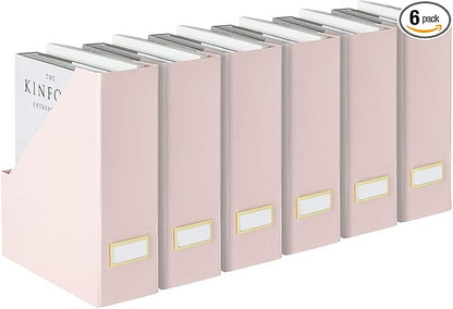 BLU MONACO Set of 6 Foldable Pink Magazine Holder with Gold Label Holders – Cute Stylish Magazine Storage for Shelves, and Closets – Book Bins, File Desk Organizer, and Document Storage