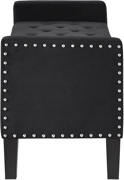 24KF Velvet Modern Upholstered Tufted Button Storage Bench with Arms for Bedroom,Entryway Living Room Soft Padded Seat-Black