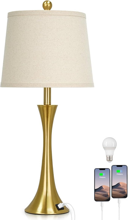 27.5" Gold Lamps for Living Room, Touch Control 3-Way Dimmable Bedside Nightstand Lamps Bedroom Lamp,Modern Gold Table Lamp with USB A+C Ports,Tall Lamps for Living Room End Table（1Pack）