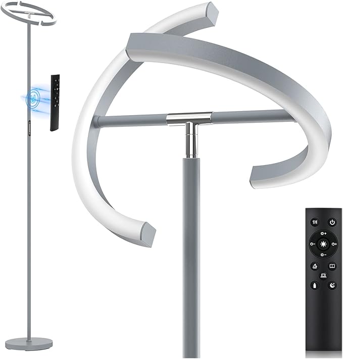 Silver Floor Lamps for Living Room, Stepless Dimmable Standing Lamp with Touch Remote Control, 22W Rotatable LED Floor Light Tall Uplighter for Bedroom Office, 69'' Modern Room Light