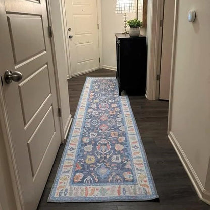 Fame Rugs Blue Modern Oushak Rug 2'6"x7', Washable Vintage Turkish Colorful Oriental Antique Inspired Foldable Small Runner Rugs, Luxury Living Room Bedroom (387BNB, 2'6" x 7')
