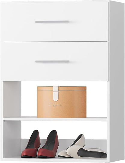 2 Drawer Short Tower Closet Unit, Modular Closet System, Wood Closet System Organizer with Storage for Walk In Closets, Clothing Rack Closet for Hanging Clothes, Bedroom, White, 31.5"W