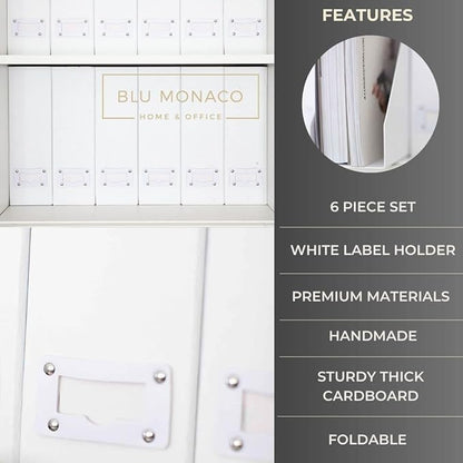 BLU MONACO Set of 6 Foldable White Magazine File Holders | Vertical Desk File Organizer Boxes With Leather Label Holders | Stylish Cardboard Magazine Storage for Shelves, Workspace and Home Office