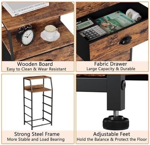Furnulem Night Stand, Tall 4 Drawers Dresser for Bedroom, Hallway, Nursery, Closet Organizer, Nightstand Bedside Table Furniture, Vertical Storage Tower Fabric, Sturdy Steel Frame, Wood Top