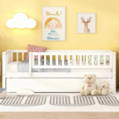 Bellemave Twin Kids Bed Frames with Rails for Kids, Twin daybed with Trundle for Boys/Girls/Adults，White