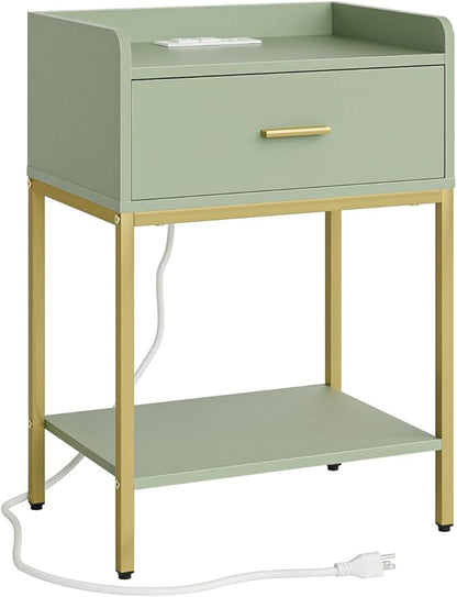 Masupu Nightstand with Charging Station,3-Tier Modern Bedside Night Stand with Storage Drawer and Shelf,Small End Side Table for Bedroom,Living Room,Gold and Green