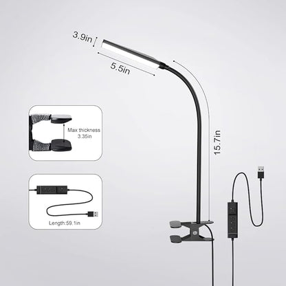 LED Desk Lamp with Clamp for Home Office, Dimmable Clip on Desk Light with USB Port, 3 Color Modes 11 Brightness Flexible Reading Lamp for Studying Working, Black
