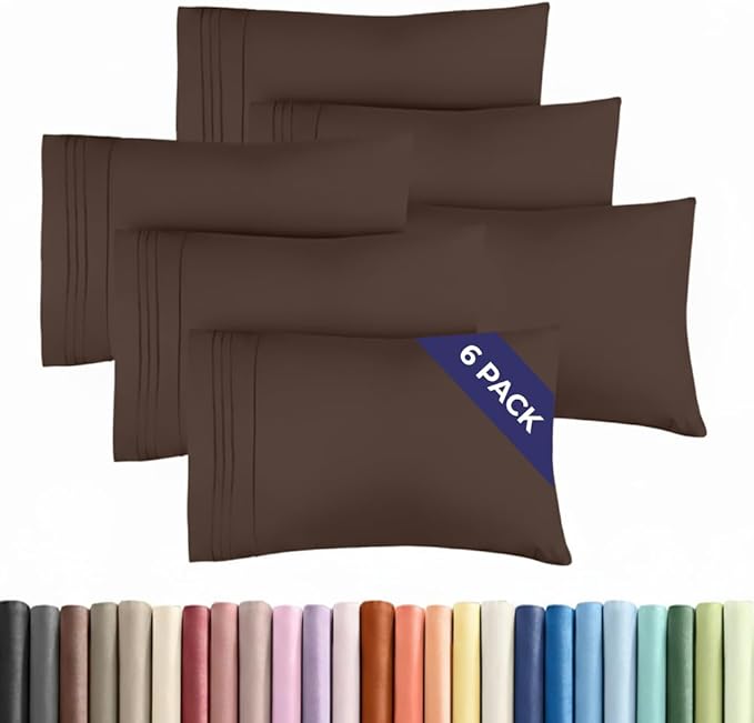 King Pillow Cases Set of 6 - Ultra Soft Hotel Quality Pillowcase Covers - Comfy & Wrinkle Free - Shrink, Stain and Fade Resistant - Easy-Care, Machine Washable Pillow Protectors - 6 Piece Set - Brown