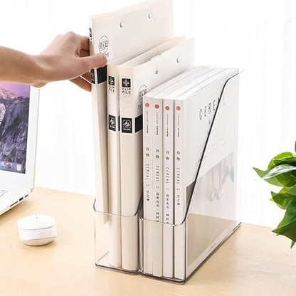 ICCGBHGO Magazine Holder, Clear Plastic Vertical File Magazine Organizer, Desktop File Magazine Book Storage Shelf for Office Desk(4PCS)