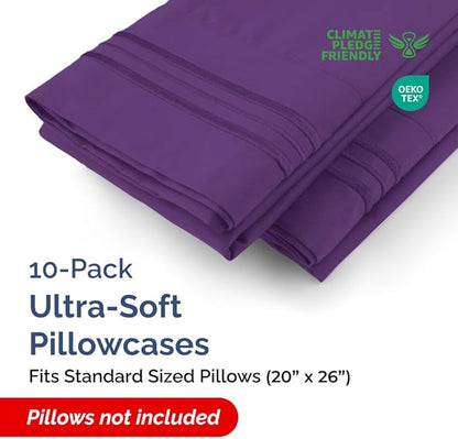 Standard Pillow Cases Set of 10 - Ultra Soft Hotel Quality Pillowcase Covers - Comfy, Cozy & Wrinkle Free - Shrink, Stain and Fade Resistant - Machine Washable Pillow Protectors - 10 Pcs Set - Purple