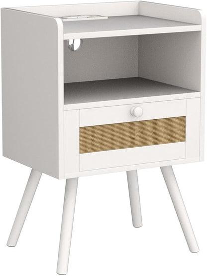 SUPERJARE Nightstands with Charging Station, Bedside Table Set of 2 with PE Rattan Drawers, Rattan Side Table with Storage & Solid Wood Feet, End Table for Bedroom, White
