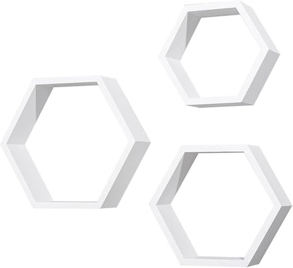 AHDECOR Hexagon Floating Shelves, Set of 3 White Hexagon Wall Shelves | Modern Honeycomb Floating Shelves for Living Room, Bedroom, Office | Hexagonal Wall Organizer Hanging Shelf