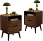 Walnut Nightstand Set of 2, Solid Wood Nightstand with Drawers & Open Storage Shelf, Mid Century Modern Nightstands, Wood End Table for Bedroom, (Dark Black Walnut, 23.23" H)