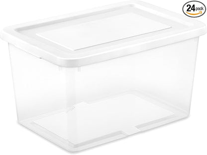 Sterilite 24 Pack Storage Box, 20 Quart Stackable Tote, Clear Plastic Container with Secure Snapping Lids for Home and Office Organization, White