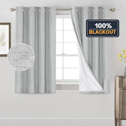 PrinceDeco 100% Blackout Curtains 54 Inch Length for Bedroom Faux Textured Linen Look Window Curtains Sun Heat Blocking Linen Curtains Thermal Insulated Burlap Curtain & Drapes, Set of 2, Glacier Grey