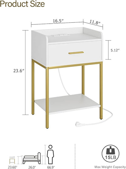 Masupu Nightstand with Charging Station,3-Tier Modern Bedside Night Stand with Storage Drawer and Shelf,Small End Side Table for Bedroom,Living Room,White