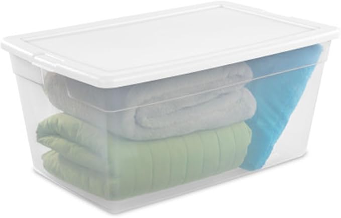 Sterilite 90 Qt Storage Box, Stackable Bin with Lid, Plastic Container to Organize Clothes, Blankets, Towels in Closet, Clear with White Lid, 1-Pack