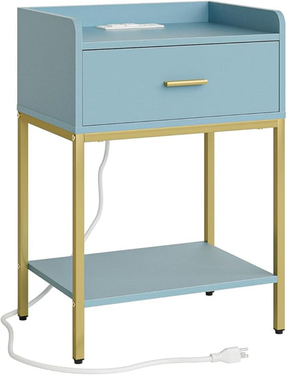 Masupu Nightstand with Charging Station,3-Tier Modern Bedside Night Stand with Storage Drawer and Shelf,Small End Side Table for Bedroom,Living Room,Gold and Blue