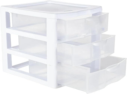 Small 3-Drawer Organizer Unit, Clear Plastic Stackable Drawers for Countertop or Desktop, White