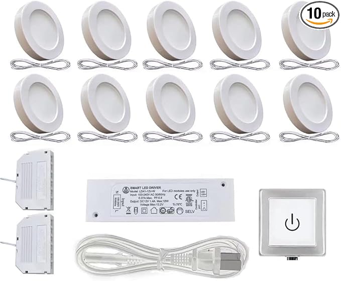 VST Under Cabinet Lighting Plug in with Wired Touch Dimmer Switch,Recessed or Surface Mount Design,Warm White 3000K 12V 2W(20W Total, 10 Pack White) Puck Lights Fixtures