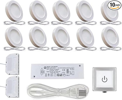 VST Under Cabinet Lighting Plug in with Wired Touch Dimmer Switch,Recessed or Surface Mount Design,Warm White 3000K 12V 2W(20W Total, 10 Pack White) Puck Lights Fixtures