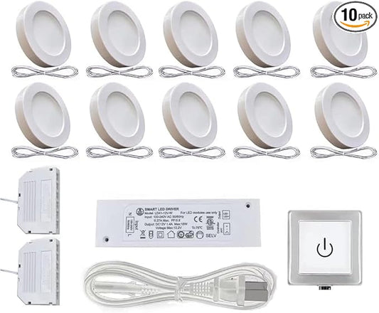 VST Under Cabinet Lighting Plug in with Wired Touch Dimmer Switch,Recessed or Surface Mount Design,Warm White 3000K 12V 2W(20W Total, 10 Pack White) Puck Lights Fixtures