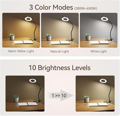 GARMESE LED Desk Lamp Clip on Light with 3 Color Modes 10 Brightness Ring/Clamp Light 360° Adjustable Neck Dimmable Eye Protection Desk Lamps for Home Office
