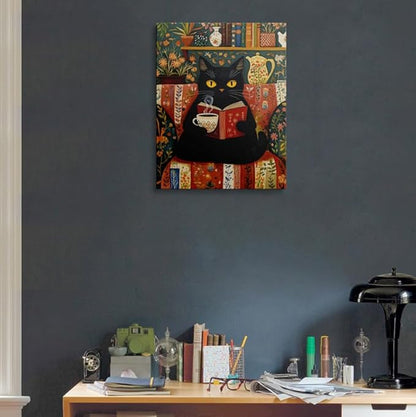 Pveror Reading Black Cat Canvas Wall Art Whimsical Animal Illustration Cozy Coffee Book Scene Vintage Folk Art Style Cottagecore Home Decor For Living Room Bedroom Study Library Gift 16x24 Inches